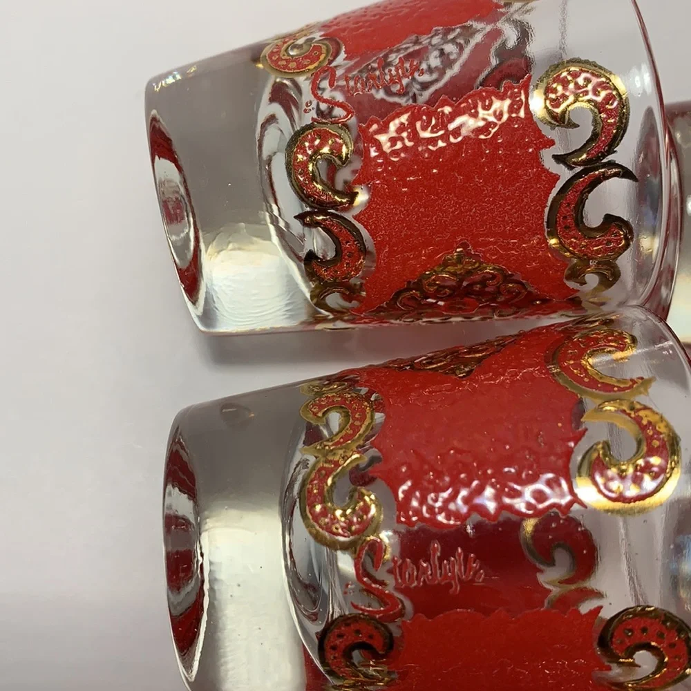 VTG Starlyte Barware Shot Glasses Signed Red and Gold Textured Design Set Of Six